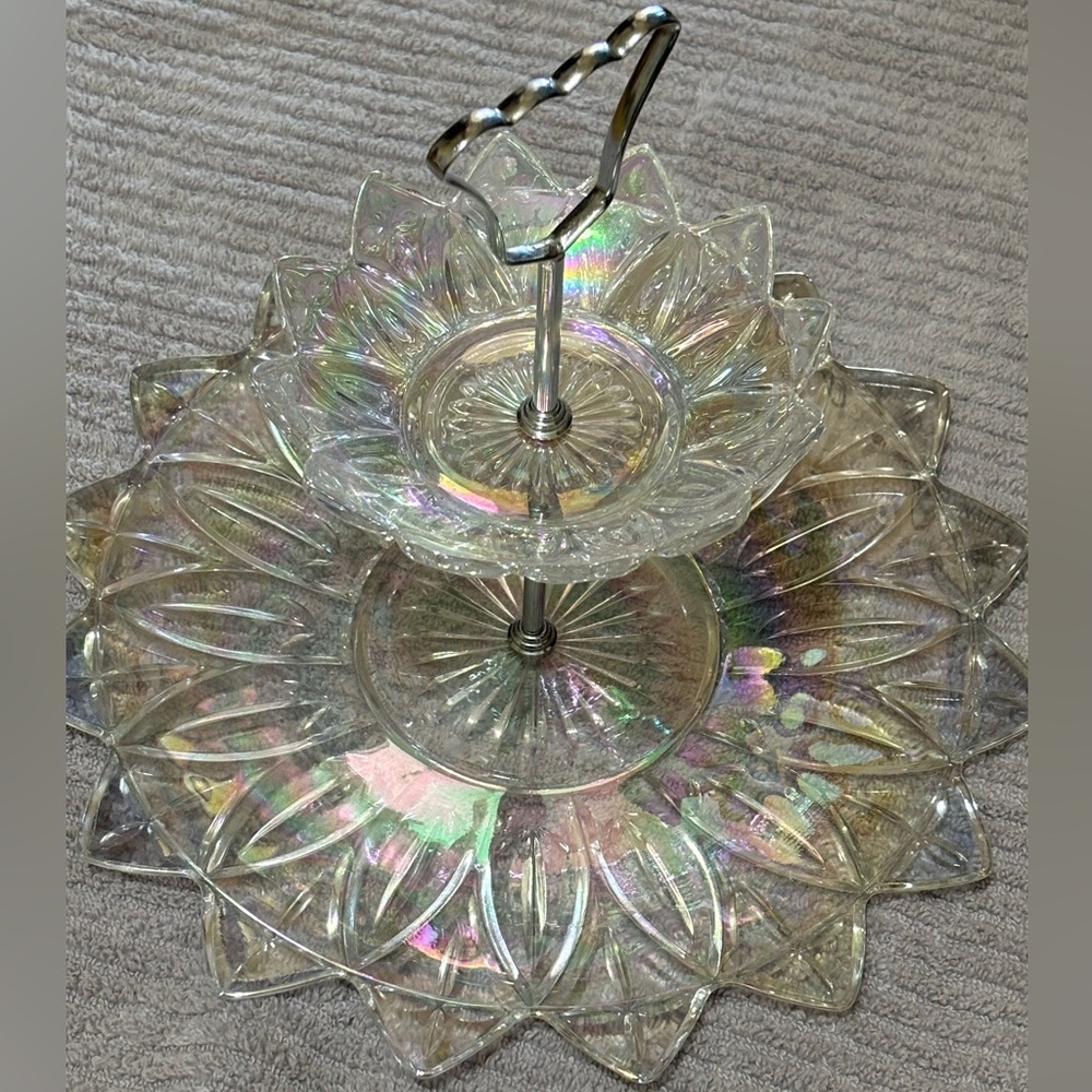 Vintage Glass reflective cookie/treat 2 tier serving dish w/original box